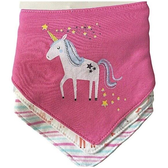 Royale Bebe Baby Bibs Unicorn New Triangle 3 Pack Pink, Stripes Baby Shower Gift - Picture 1 of 4